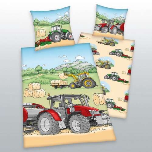 Traktoros ágynemű garnitúra gyerekeknek, traktorokkal és szalmabálákkal