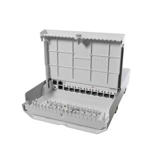 MikroTik netFiber 9 kültéri switch, nyitott, a portok és a csatlakozások láthatóak - MikroTik