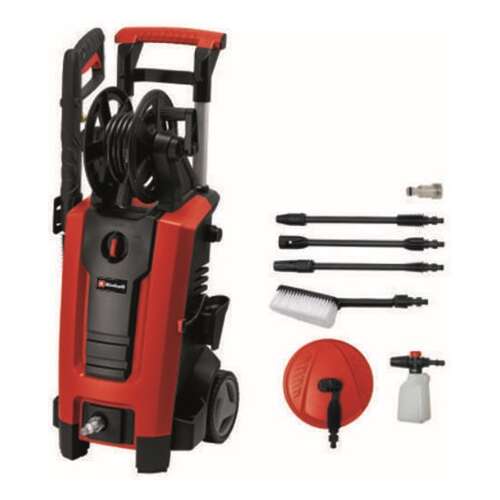 Einhell TE-HP 140 high pressure washer with accessories, including a hose, gun, lance, rotating nozzle, pointed and wide jet nozzle, brush, spray bottle, and terrace cleaner