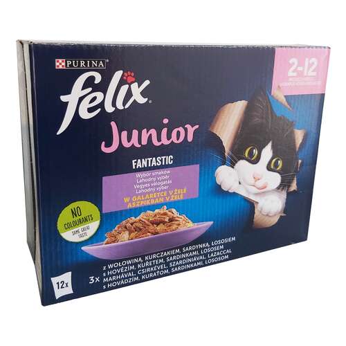 Felix Fantastic Junior aszpikos eledel csirkével, marhával, lazaccal és szardíniával kölyökmacskáknak - Multipack (6 karton = 6 x 12 x 85 g) 6120 g