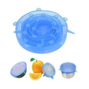 Set of 6 blue silicone stretch lids for food storage, various sizes, shown on bowls and fruit - Cookware & bakeware