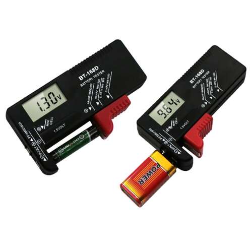 Two BT-168D Battery Testers with LCD display, testing AA and AAA batteries