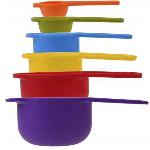 6 piece colorful plastic measuring spoons set, 7.5 ml to 250 ml, nesting design