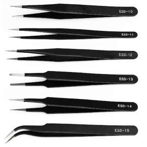 6 piece set of black ESD tweezers, different shapes, ESD-10, ESD-11, ESD-12, ESD-13, ESD-14, ESD-15 - Other hand tool
