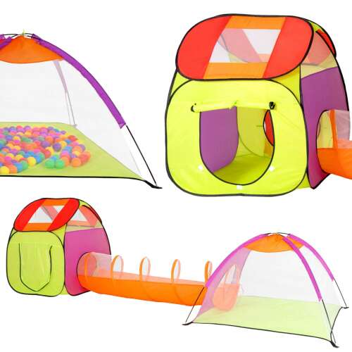 Колаж на палатката за игра Springos Pop Up с тунел и басейн с топки