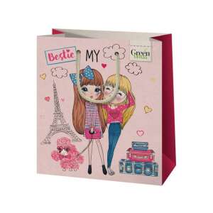 Green Grass Bestie geantă cadou de dimensiuni medii cu fundal roz și un design cu două fete cu un câine și valize în fața Turnului Eiffel - Ambalaje cadouri