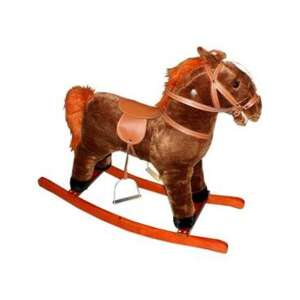 Cal de pluș maro cu bază din lemn, șa și frâu - Balansoare pentru copii și Jocuri si jucarii educative