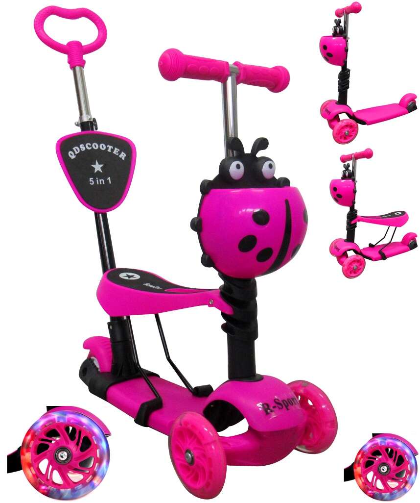 Kolobežka R-Sport H3 5v1 s rukoväťou a LED kolieskami - Ladybug - pink