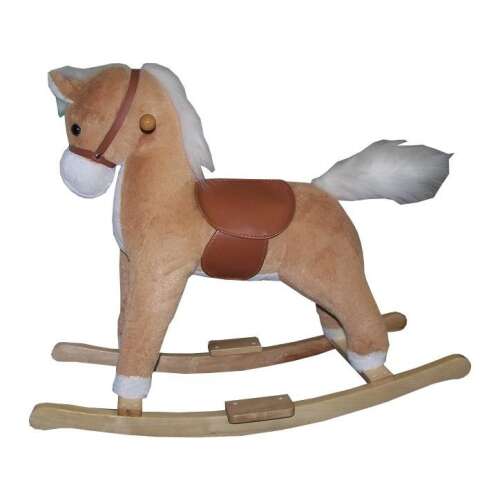 Brown plush rocking horse with wooden base, saddle, and reins