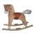 Brown plush rocking horse with wooden base, saddle, and reins