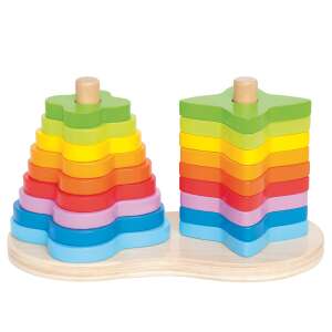 Hape Double Rainbow Stacker, colorful wooden stacking toy with star and flower shapes - Hape