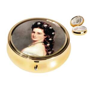 Sissi gyógyszeres fémdoboz, arany színű, 3 rekeszes, Sissi képpel a tetején - Gyógyszeradagoló