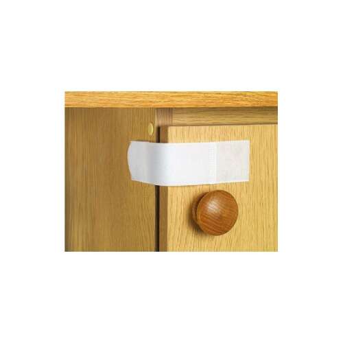 Canpol Multifunkciós biztonsági zár, fehér biztonsági pánt szekrényekhez és fiókokhoz, felszerelve egy fa szekrényre