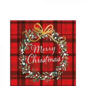 Ambiente karácsonyi kockás piros szalvéta, 20 darabos, piros kockás mintával és karácsonyi koszorúval - Ambiente