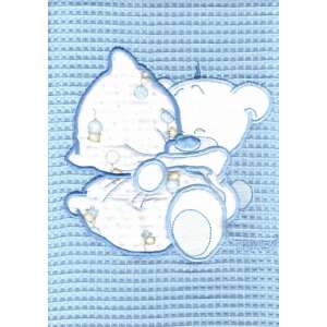 Kék vaflis pamut babapléd hímzett mackós mintával - Babatakaró