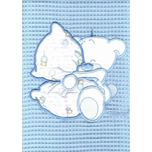 Kék vaflis pamut babapléd hímzett mackós mintával