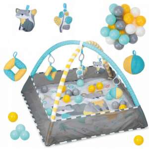 MoMi LAMMIS Spielmatte mit Bogen, 3 in 1 Funktion - Matte, Spielmatte und Ballgrube, mit 4 Spielzeugen und 18 Bällen, grau, blau, gelb - Babys & Toddler