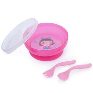 Canpol babies rózsaszín tapadó tál fedővel, kanállal és villával - Canpol babies