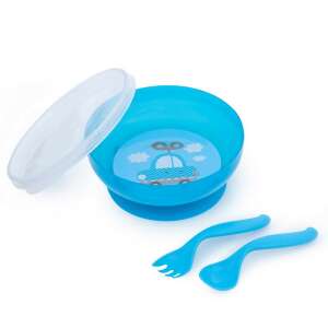 Canpol babies kék tapadó tál fedővel, kanállal és villával, baba etető készlet, kisgyermek etető készlet - Canpol babies