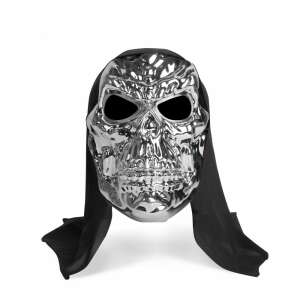 Shiny silver skull mask with black hood for adults, Halloween costume accessory - Dressing Accessory