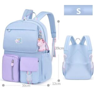 Blue children's backpack S size with unicorn keychain and size information - Preschool Backpack, Bag