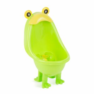 Angled view of a green frog urinal for boys, potty training - Wipes, Safety Gate and Potty