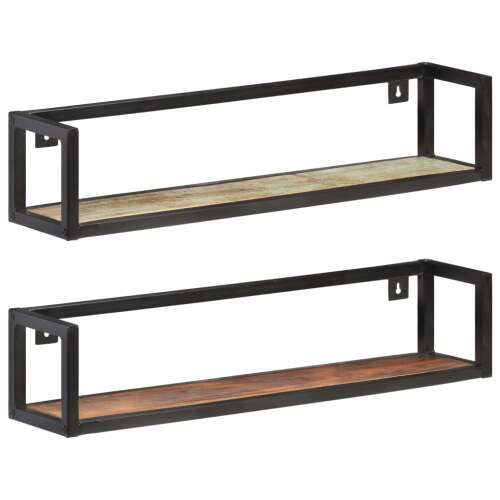 vidaXL 2 db tömör újrahasznosított fa fali polc 80 cm, fekete fém kerettel, ipari stílusban, rusztikus megjelenéssel, újrahasznosított fa polc, fali polc, tároló polc, dekoratív polc - Fali polc