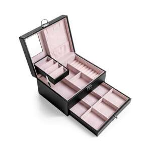 Čierna šperkovnica s priehradkami a zásuvkou, otvorená, aby sa ukázal interiér - Šperkovnice