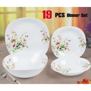 Luminarc Opal 19 részes étkészlet virágmintával, tányérok és tálak láthatóak - Tálalás