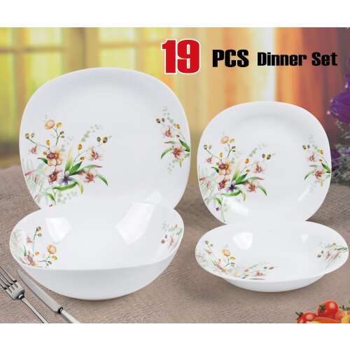 Luminarc Opal 19 részes étkészlet virágmintával, tányérok és tálak láthatóak