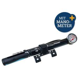 Filmer Fahrradpumpe mit Manometer, schwarz, blau, schräge Ansicht - Handpumpen