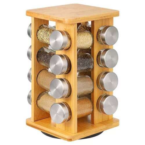 16-piece glass spice rack set with rotating bamboo stand