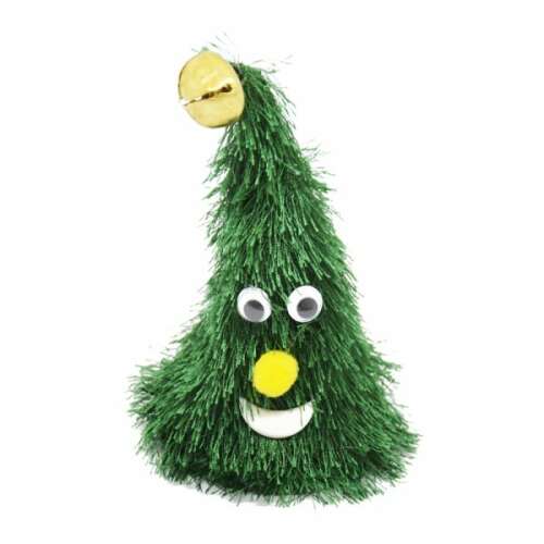 Táncoló karácsonyfa vicces arccal, karácsonyi dalokat játszik és rázogatja a csengőjét, 15 cm magas