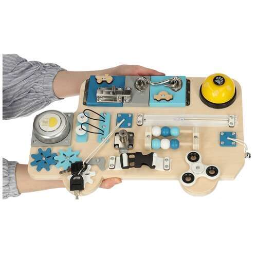 LULILO Érzékszervi Manipulációs Tábla, Foglalkoztató Tábla Kisgyermekeknek, Oktató Játék Gyermekeknek, Finom Motoros Képességek Fejlesztése, Fa Játék, Autó Alakú, Kék és Fehér