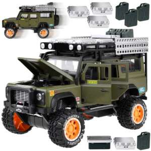 Green Land Rover Defender 1:24 scale toy car with roof rack, lights, sound effects, and opening doors - Kids's play car