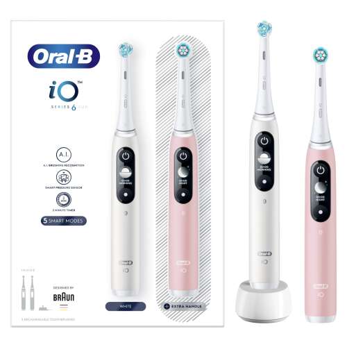 Sada elektrických zubných kefiek Oral-B iO Series 6 Duo, biela a ružová, s dvoma rukoväťami a nabíjacou stanicou