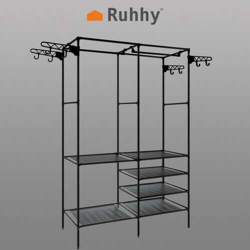 Black metal garment rack with shelves and hanging rods, Ruhiy brand