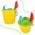 MARIOINEX sand bucket with accessories, yellow bucket with green lid, shovel, rake, molds, sailboat, two views