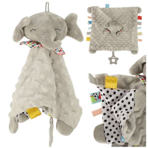 Grey elephant sensory toy with colorful tags and a star-shaped teether, perfect for babies