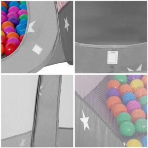 Collage of Springos gray play tent details with balls - Play Tent & Tunnel