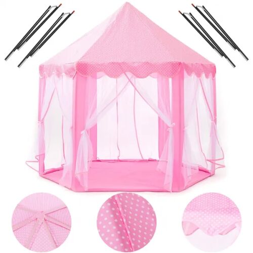 Springos pink polka dot play tent with frame poles, collage view