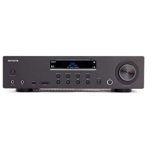 Wzmacniacz stereo Aiwa AMU-120BTBK z Bluetooth, wejściem USB i kartą SD, widok z przodu