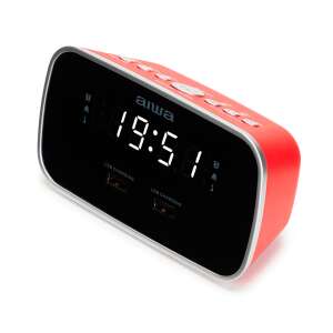 Radiobudzik Aiwa CRU-19RD w kolorze czerwonym z dwoma portami ładowania USB, tunerem FM i wyświetlaczem LED - Budzik