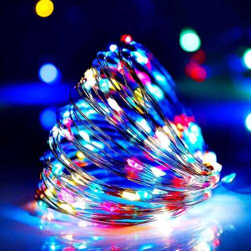 Elemes micro LED fényfüzér 100db izzóval, Színes - 10m hosszú, kültéri és beltéri használatra alkalmas