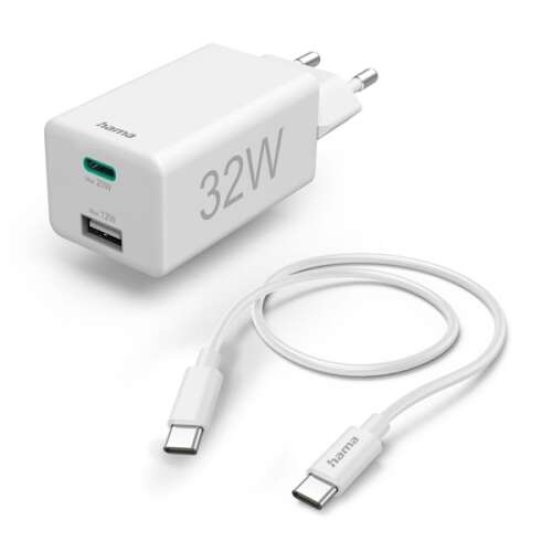 HAMA hálózati töltő adapter USB + Type-C bemenettel + Type-C - Type-C kábel -   32W - HAMA Mini Charger Kit PD3.0 + QC3.0 - fehér (201692)
