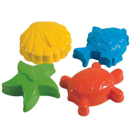 4-teiliges Sandformen-Set mit Meeresmotiven, inklusive Muschel, Fisch, Seestern und Schildkröte, ideal für Strand- oder Sandkasten-Spaß