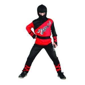 Dragon Ninja jelmez gyerekeknek, piros és fekete ninja ruha sárkány mintával, 120/130 cm-es méretben - Ninja