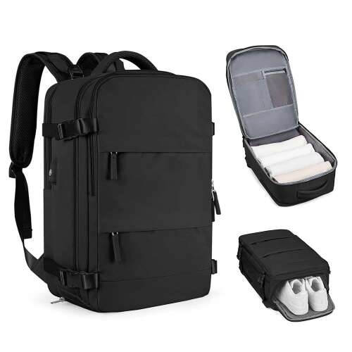 Dollcini travel backpack, black, with multiple compartments, including a laptop compartment, shoe compartment, and wet pocket