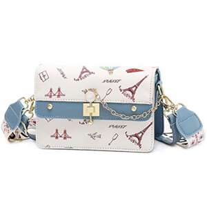 Dollcini Damen Crossbody Bag mit Eiffelturm-Druck, blau und weiß, verstellbarer Riemen - Handtaschen