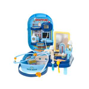 Orvosi játék készlet 34 darabos, kék és sárga színben, Orvosi bőrönd, Nyitott, Sztetoszkóp, Hőmérő, Fecskendő, Orvosi eszközök - Orvosos játék